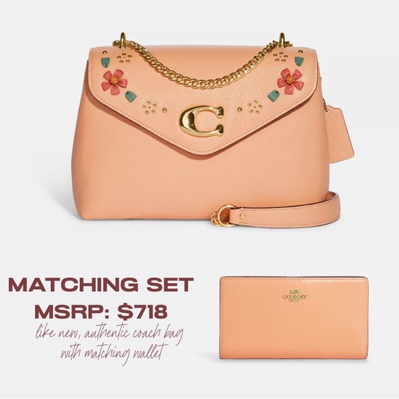 Like NEW! Coach Pink Tammie Shoulder Bag w/ Floral Whipstitch + Matching Wallet - Picture 3 of 16